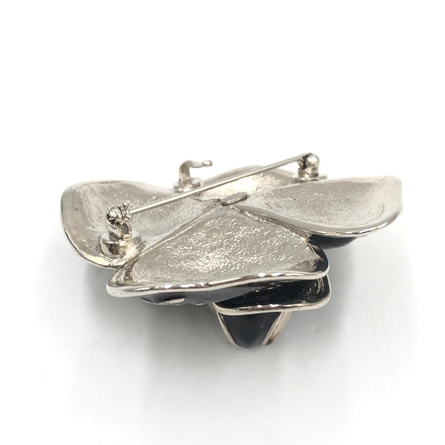 Chanel Black Enamel Flower Brooch With Silver-Tone