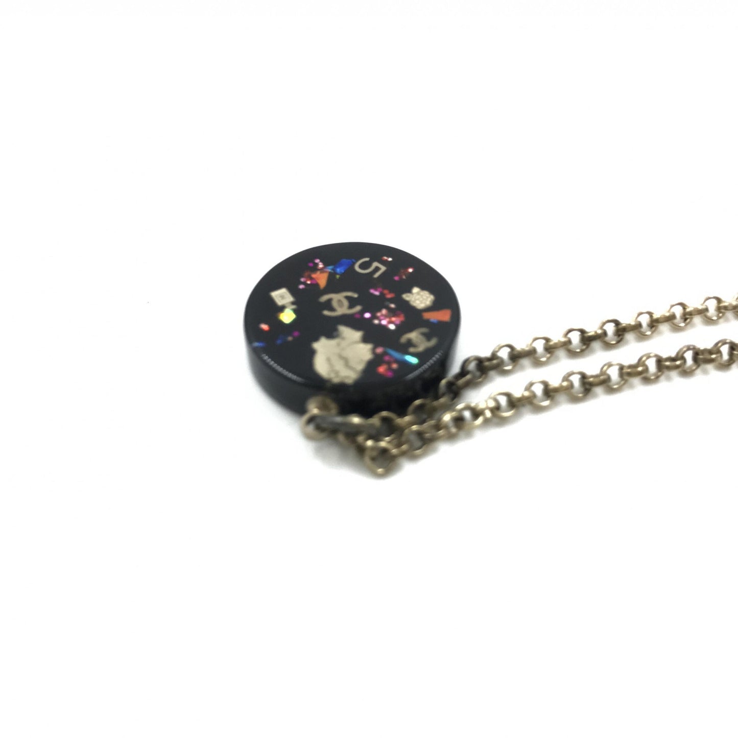 Chanel Coco Mark Mademoiselle Camellia Flower Round Hologram Black Necklace