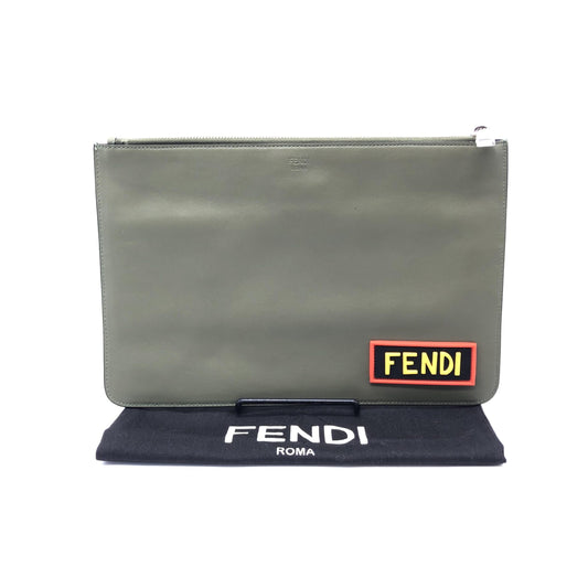 Fendi Moss Green Leather Clutch With Logo