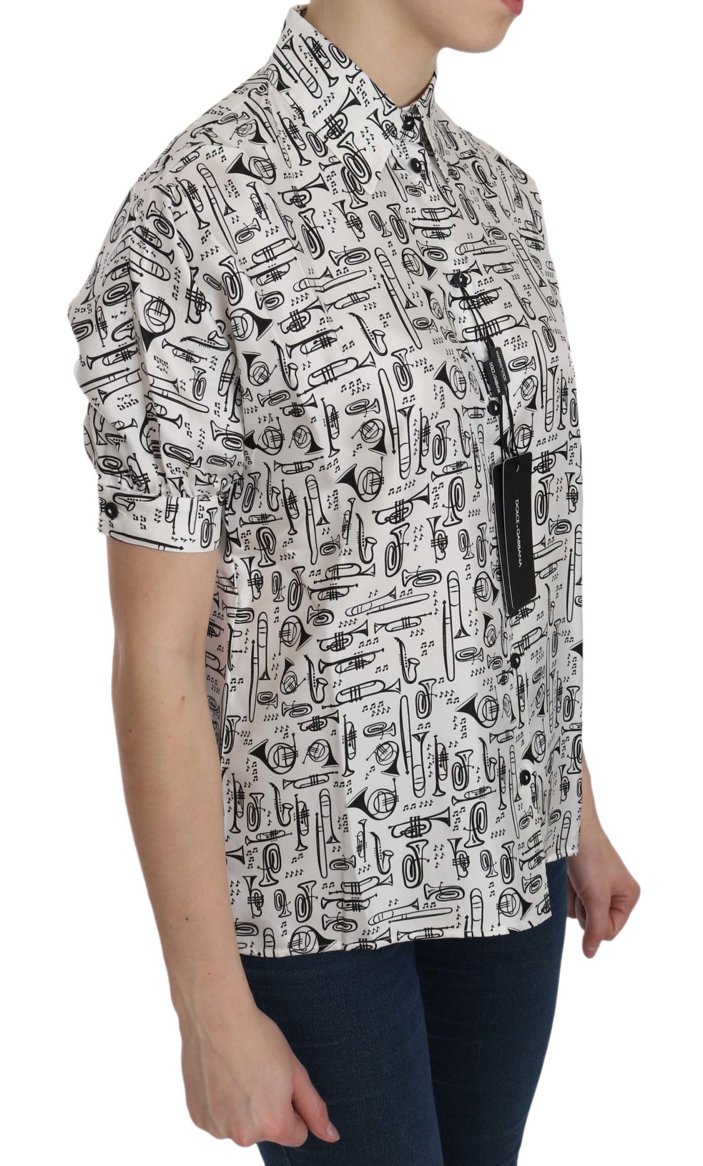 Dolce & Gabbana – Weiße Bluse mit Kragen und Musikinstrumentenmotiv