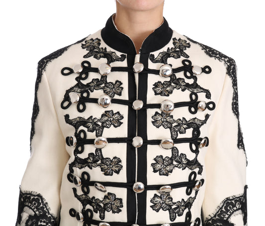 Dolce & Gabbana – Weiße, schwarze Jacke aus Wolle mit Blumenmuster im Barockstil