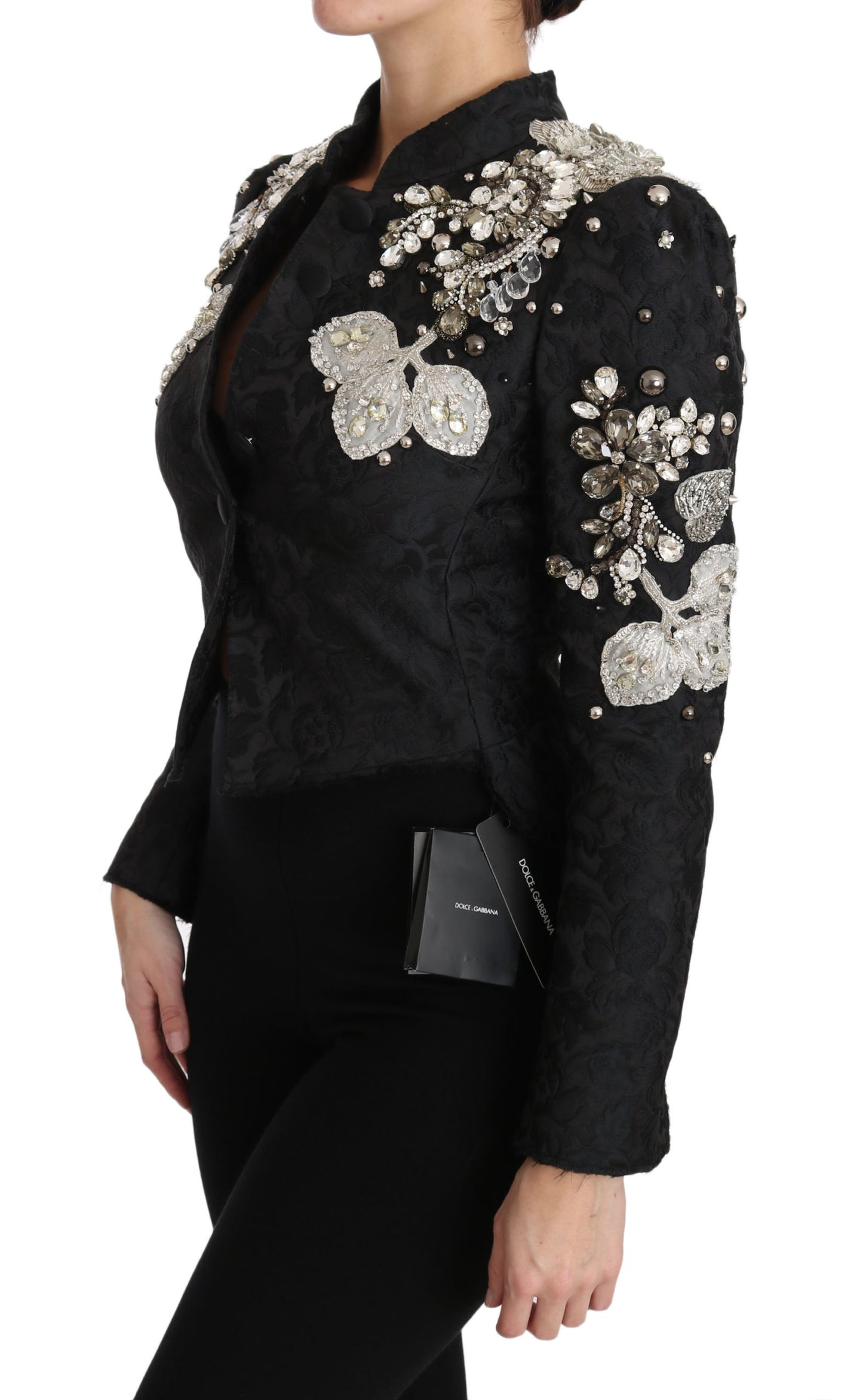 Dolce & Gabbana Schwarze Jacquard-Jacke mit Kristallblumenmuster