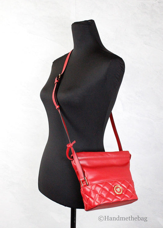 Versace Red Quilted Leather Drawstring Shoulder Bag Bucket Crossbody Handbag