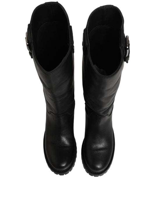 Dolce & Gabbana Black Leather Buckle Detail Mid Calf Boots Shoes