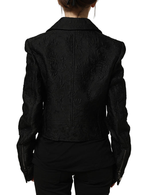 Dolce & Gabbana Black Floral Brocade Biker Blouson Jacket
