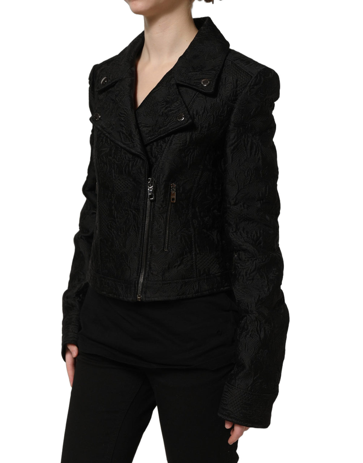 Dolce & Gabbana Schwarze florale Brokat-Bikerblousonjacke