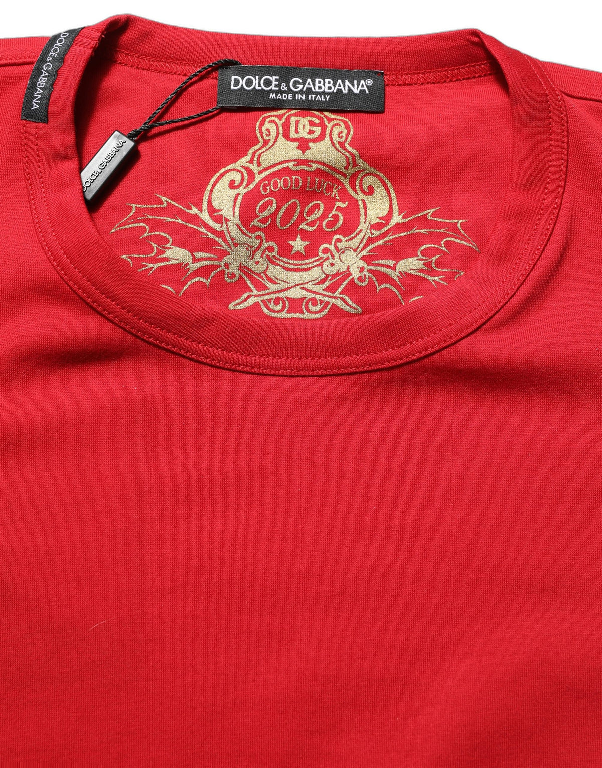 Dolce & Gabbana Rotes Baumwoll-T-Shirt mit Rundhalsausschnitt „Goodluck 2023“
