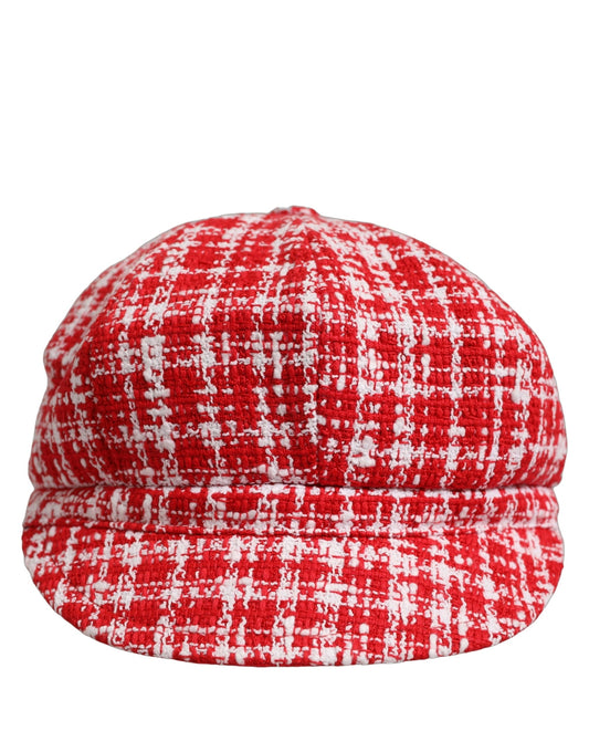Dolce & Gabbana Red White Tweed Textured Baker Boy Capello Hat