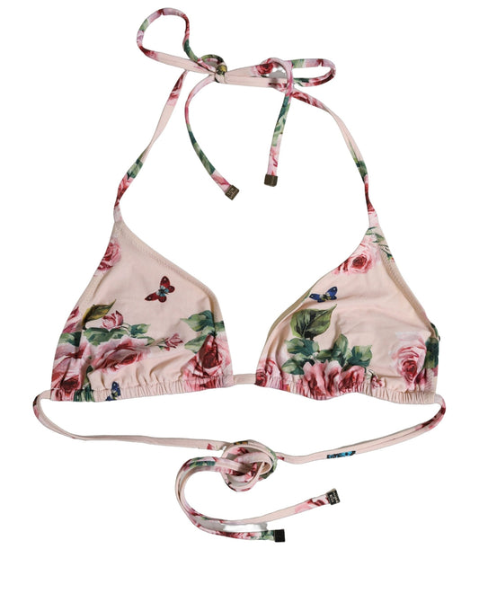 Dolce & Gabbana Pink Nylon Floral Halter Beachwear Bikini Top