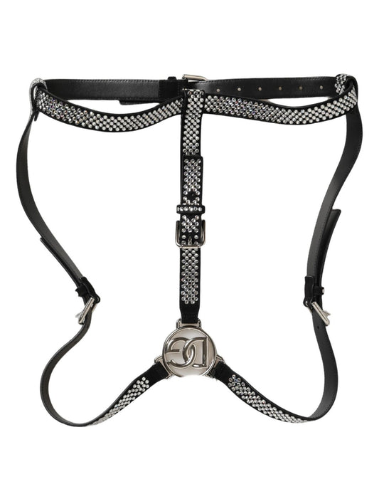 Dolce & Gabbana Black Leather Rhinestones Embellished Men Suspender
