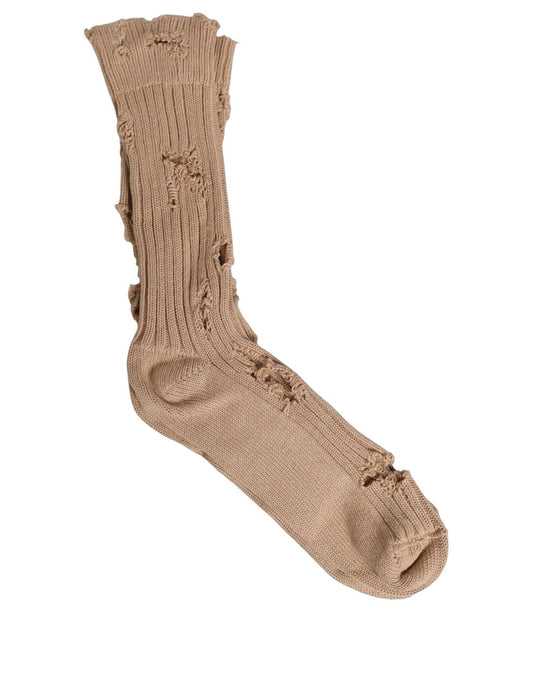 Dolce & Gabbana Beige Cotton Distressed Mid Calf Accessory Socks