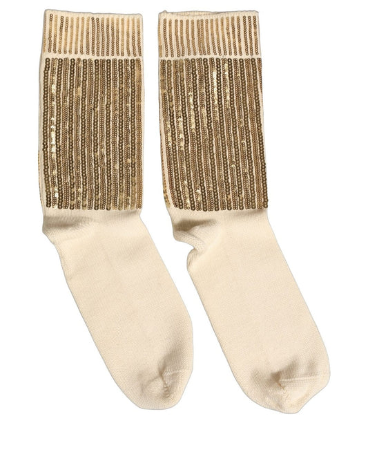 Dolce & Gabbana Off White Sequin Cotton Mid Calf Accessory Socks