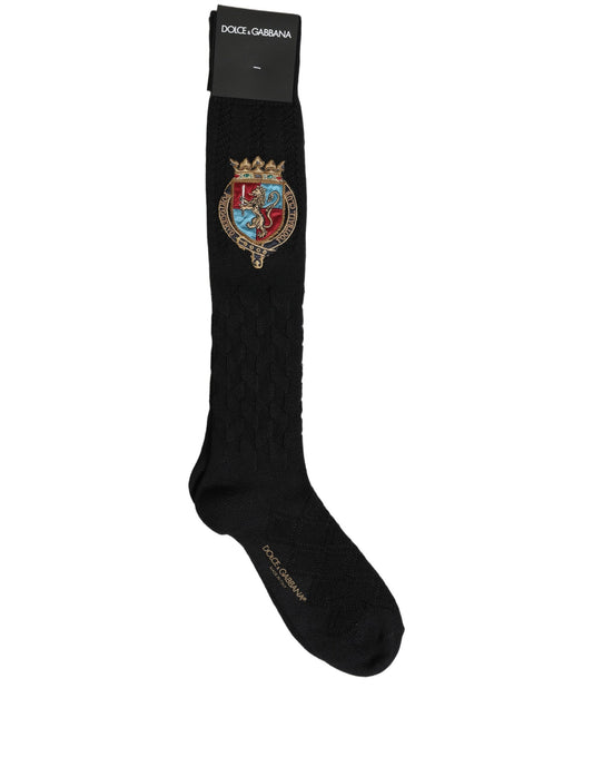 Dolce & Gabbana Men Black Wool Crest Logo Knee High Accessory Socks