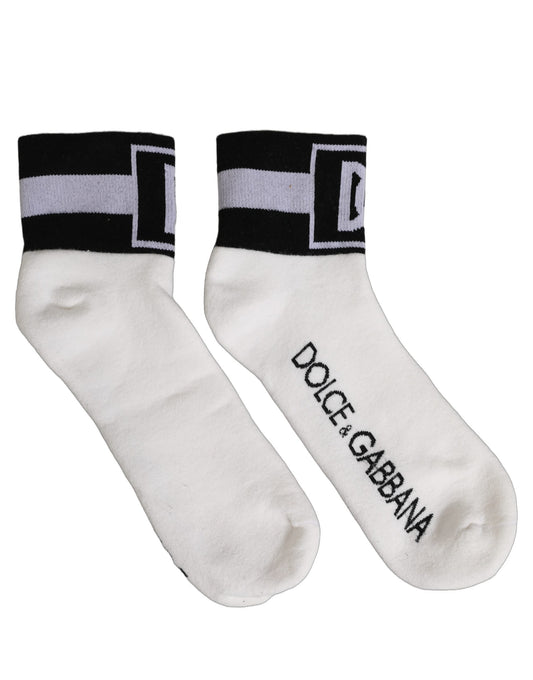Dolce & Gabbana White Black Cotton Ankle Length DG Logo Socks