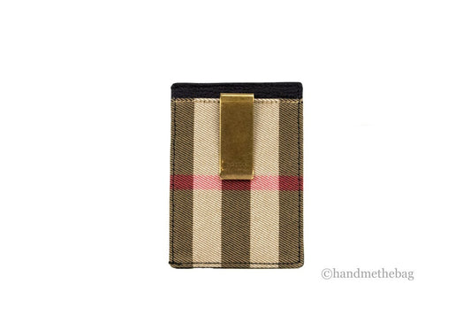 Burberry House Check Chase Black Grainy Leather Money Clip Card Case Wallet