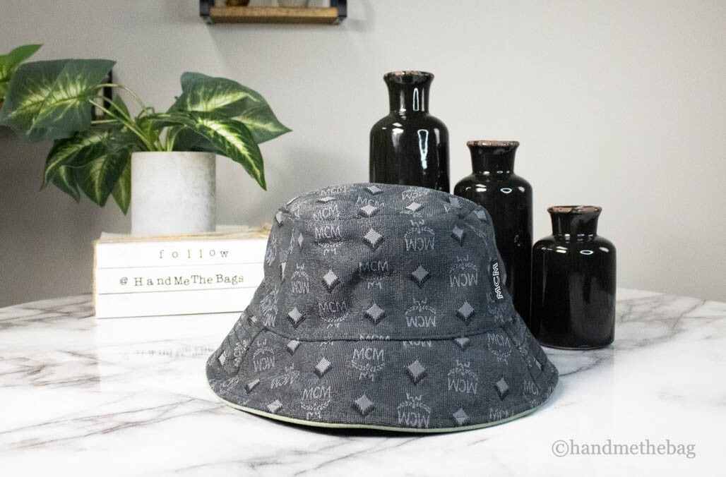 MCM Visetos Dark Grey Recycled Polyamide Cotton Blend Monogram Logo Bucket Hat