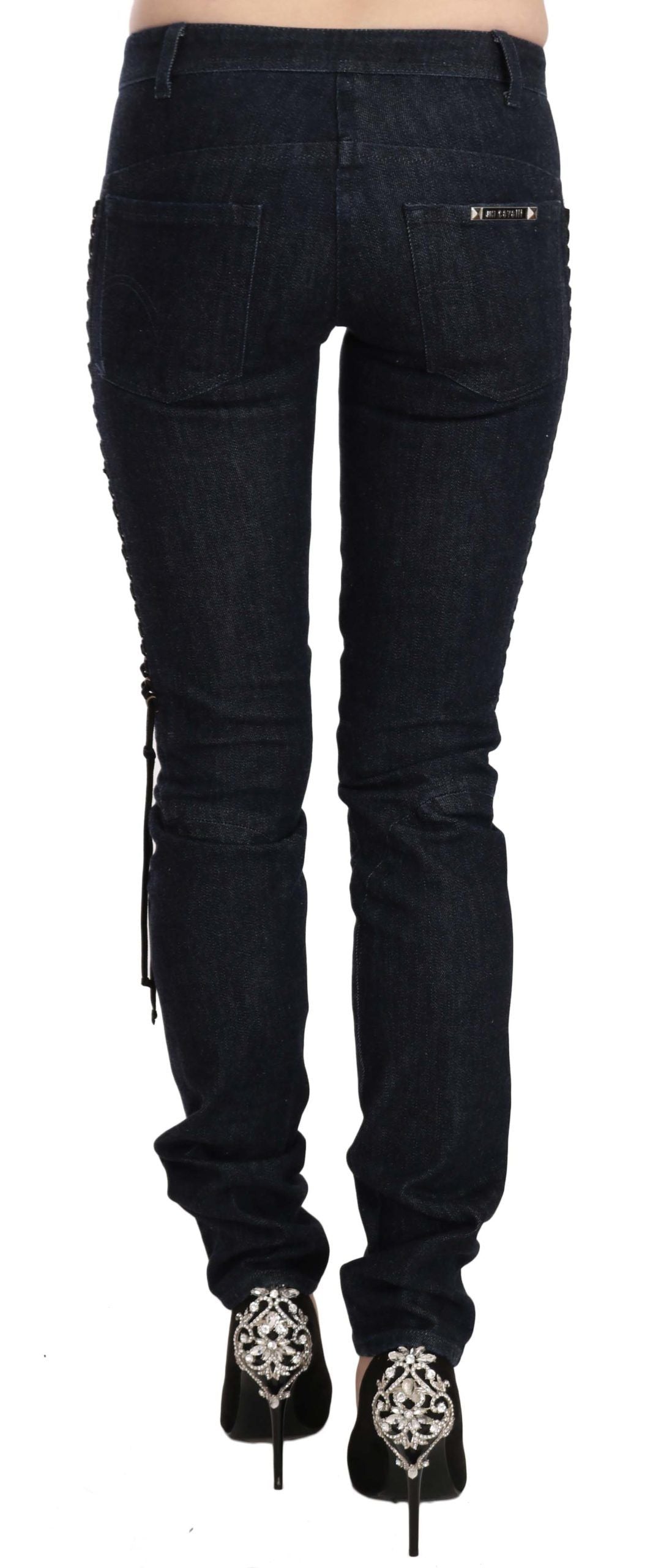 Just Cavalli – Enge Hose mit niedriger Taille und geflochtenen String-Hosen in Blau