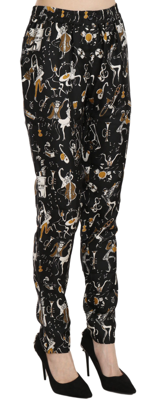 Dolce & Gabbana – Schwarze, hoch taillierte Karottenhose mit Jazz-Club-Print