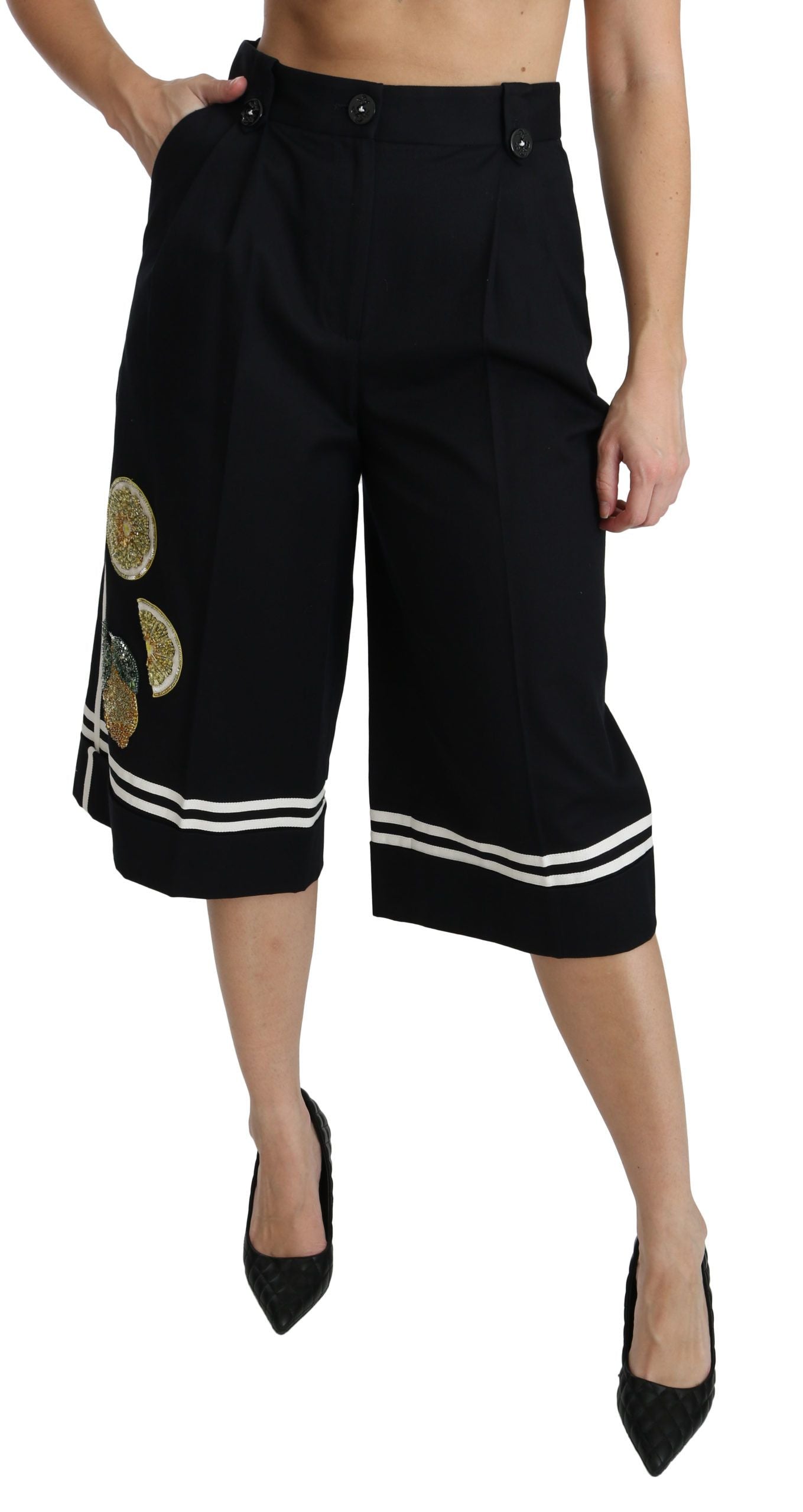 Dolce & Gabbana – Schwarze Palazzo-Shorts mit Zitronenverzierung
