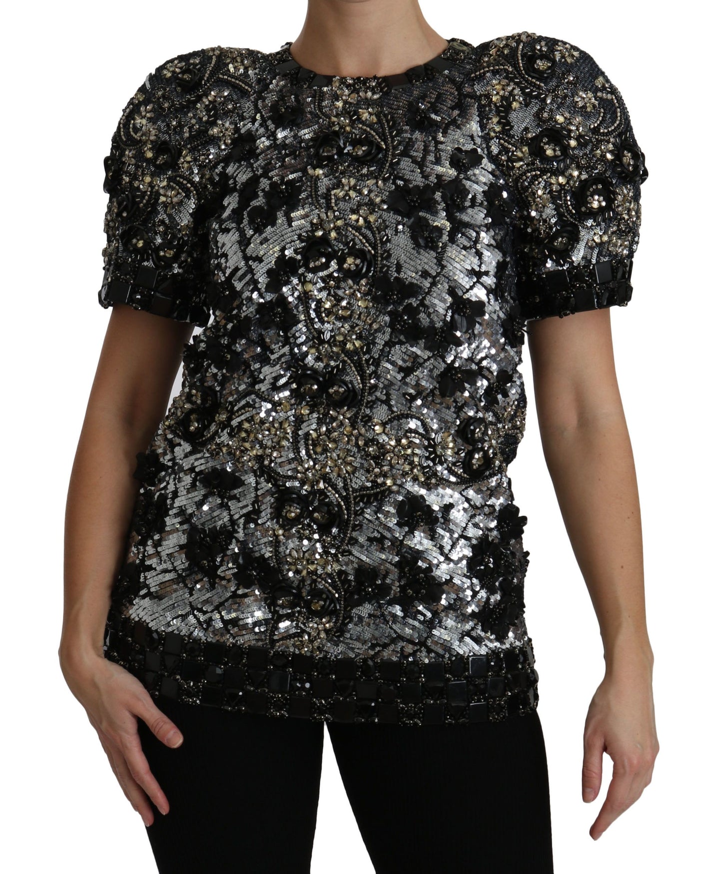 Dolce & Gabbana – Schwarze Bluse mit Pailletten und Kristallverzierung