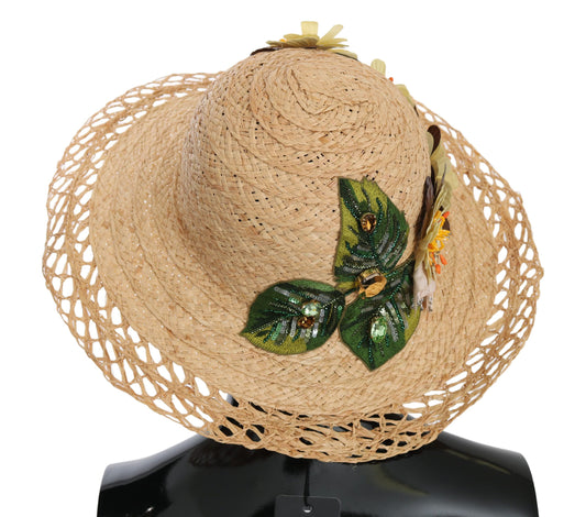 Dolce & Gabbana – Beigefarbener Capello-Bucket-Hut mit Blumenmuster und breiter Krempe