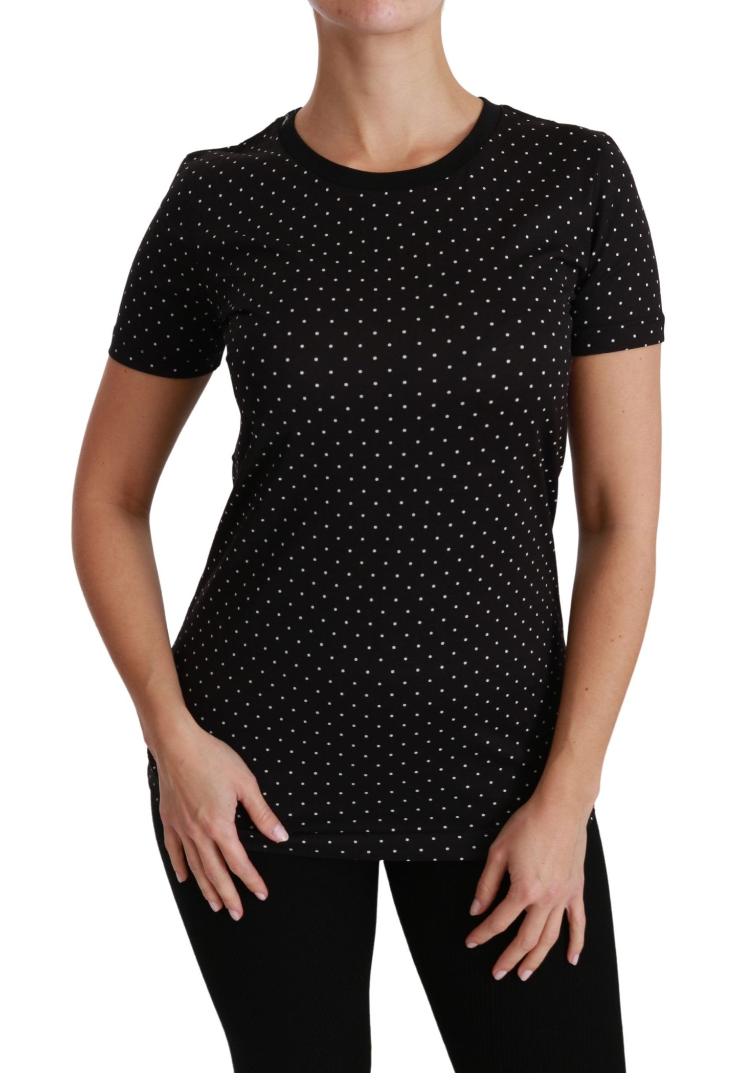 Dolce & Gabbana – Schwarzes T-Shirt aus gepunkteter Baumwolle mit Rundhalsausschnitt