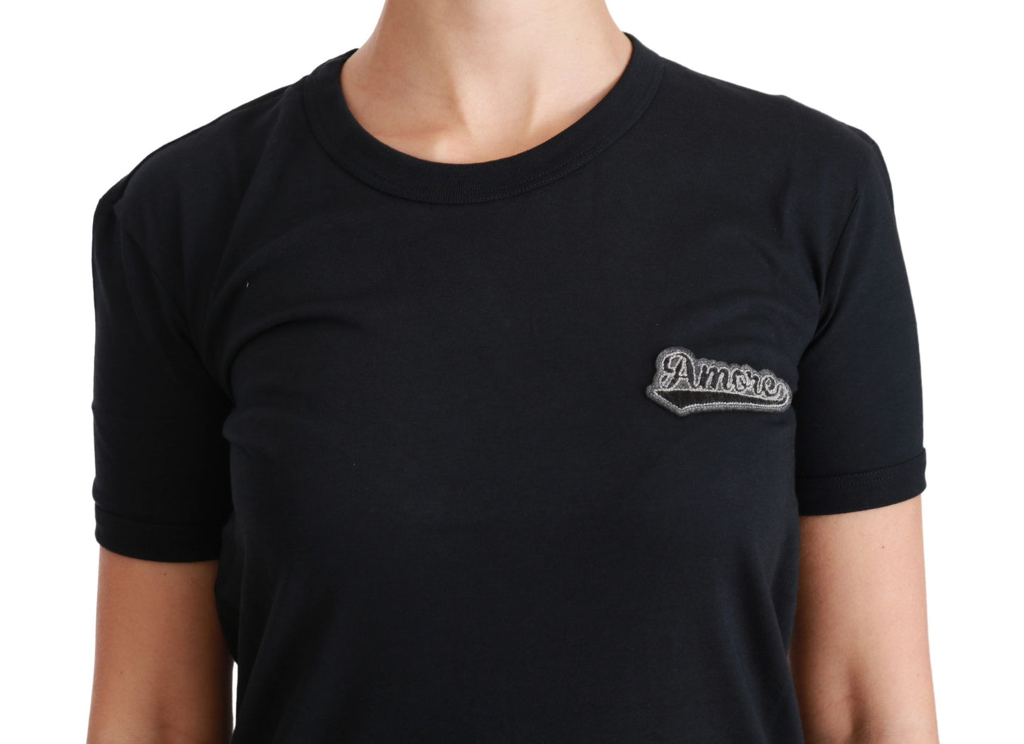 Dolce & Gabbana – Blaues T-Shirt mit Rundhalsausschnitt und Amore-Patch aus Baumwolle