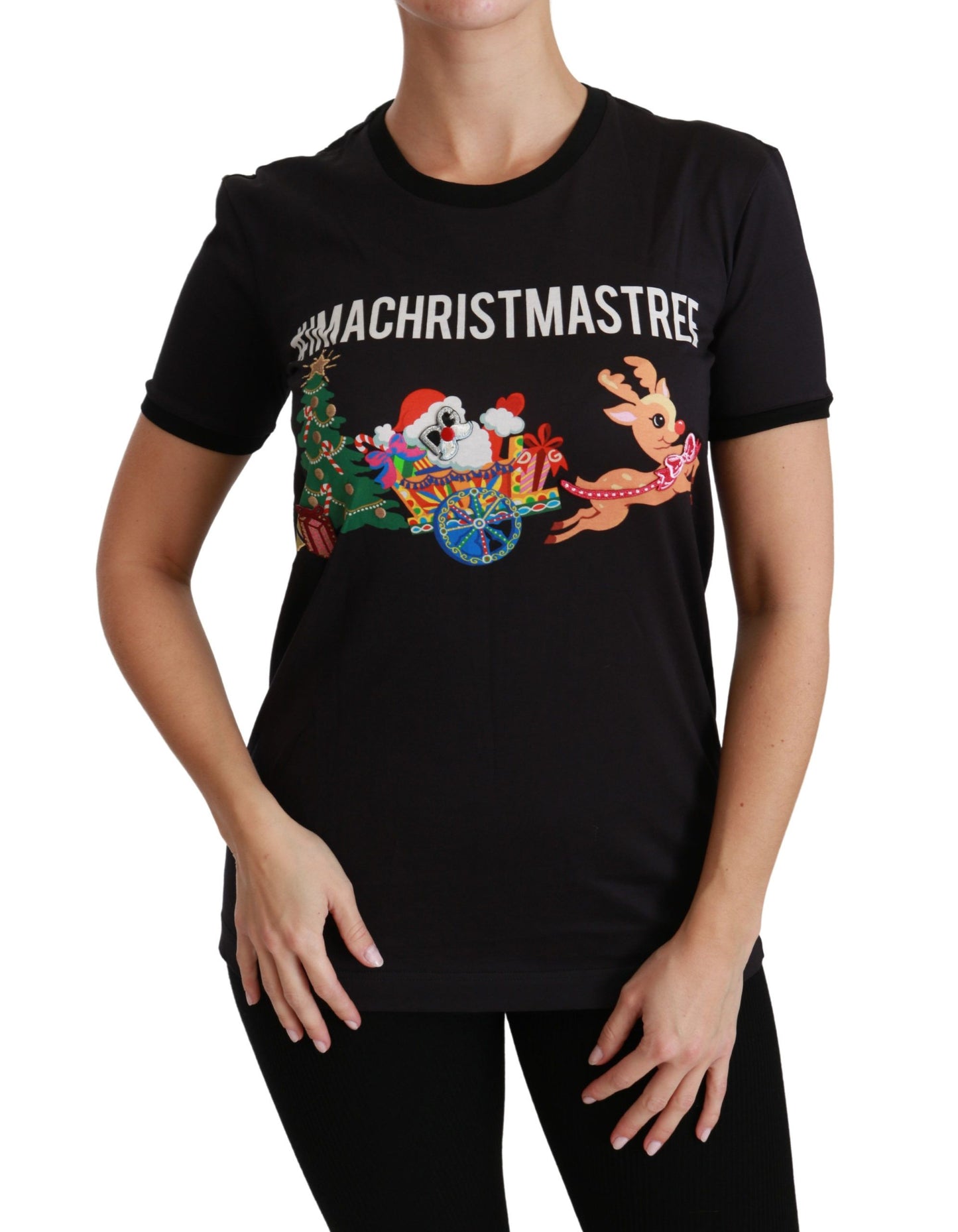 Dolce & Gabbana – Schwarzes T-Shirt mit Rundhalsausschnitt „#ImAChristmasTree“
