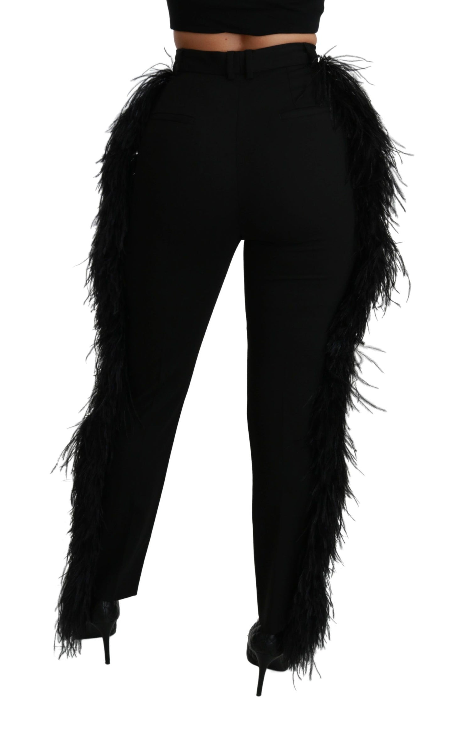 Dolce & Gabbana Schwarze, gerade, hoch taillierte Wollhose mit Federn