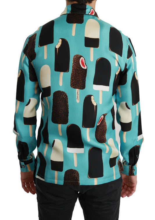 Dolce & Gabbana Blaues Seiden-Freizeithemd mit Eiscreme-Print