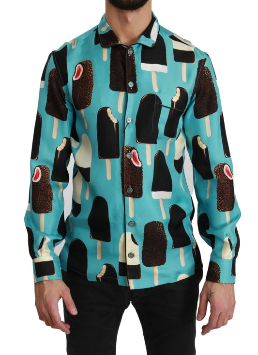 Dolce & Gabbana Blaues Seiden-Freizeithemd mit Eiscreme-Print