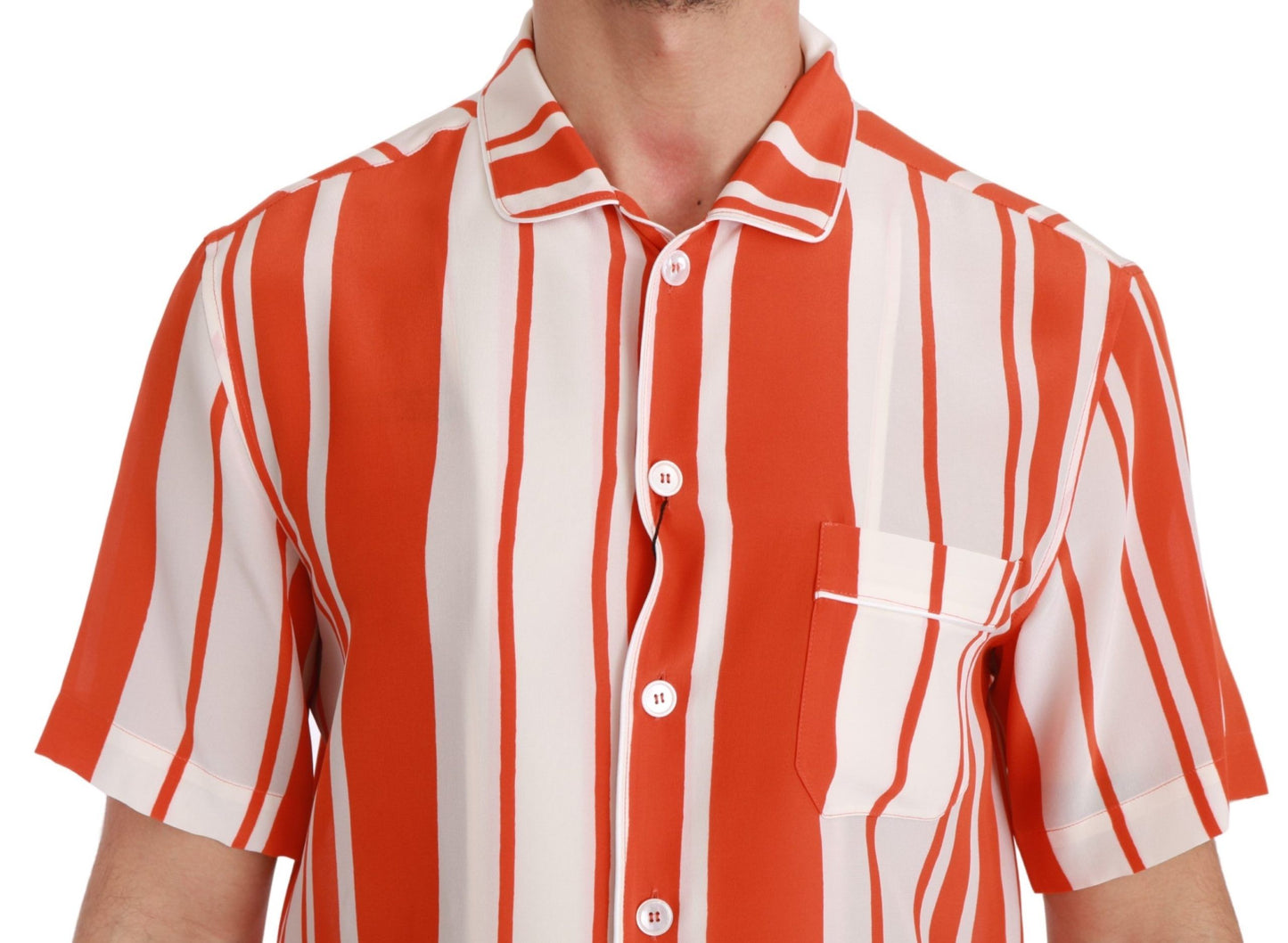 Dolce & Gabbana – Orangefarbenes, kurzärmliges, weißes Seidenhemd mit Streifen