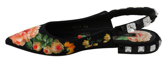 Dolce & Gabbana – Schwarze Slingback-Schuhe mit Blumenmuster und Kristallen