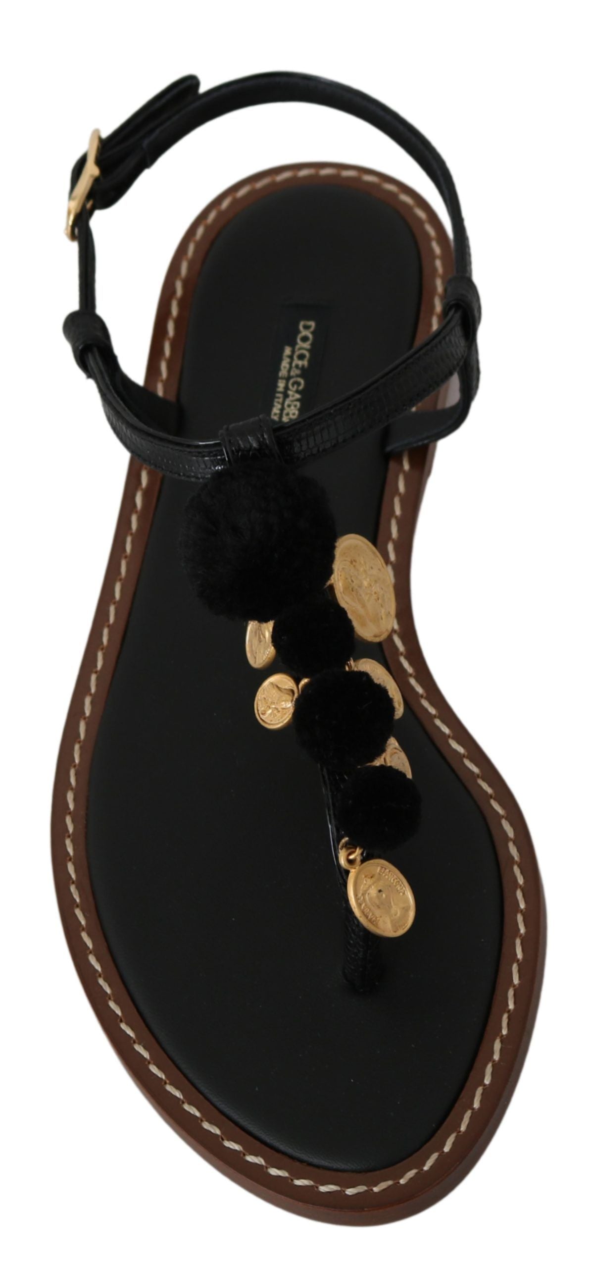 Dolce & Gabbana Schwarze Ledermünzen Flip-Flops Sandalen Schuhe