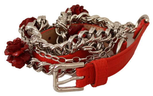 Dolce & Gabbana – Roter Ledergürtel mit Rosen- und Blumenmuster in Silber