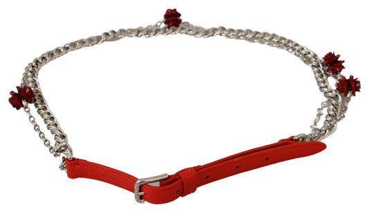 Dolce & Gabbana – Roter Ledergürtel mit Rosen- und Blumenmuster in Silber