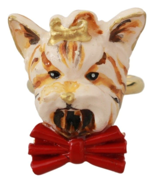 Dolce & Gabbana Gold Messing Harz Beige Hund Haustier Marke Accessoire Ring