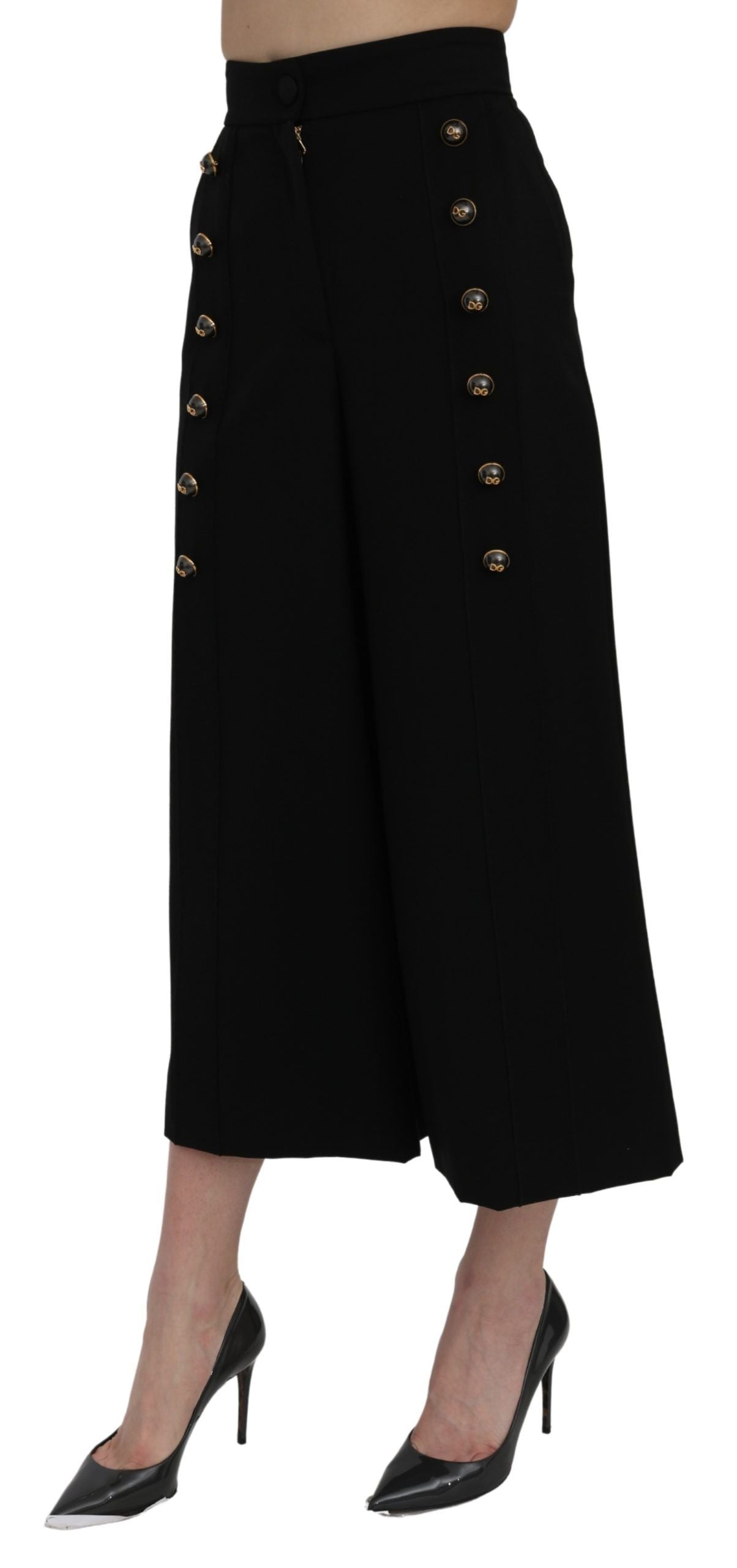 Dolce & Gabbana – Schwarze, knöchellange Hose mit weitem Bein und hoher Taille