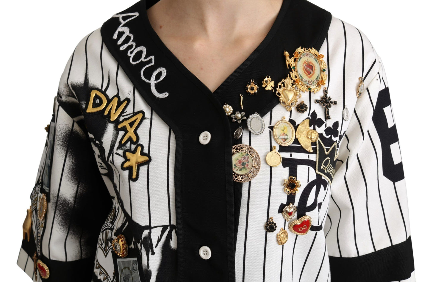 Dolce & Gabbana Weiße und schwarze Bluse Cotton Crystal Charms Amore Shirt