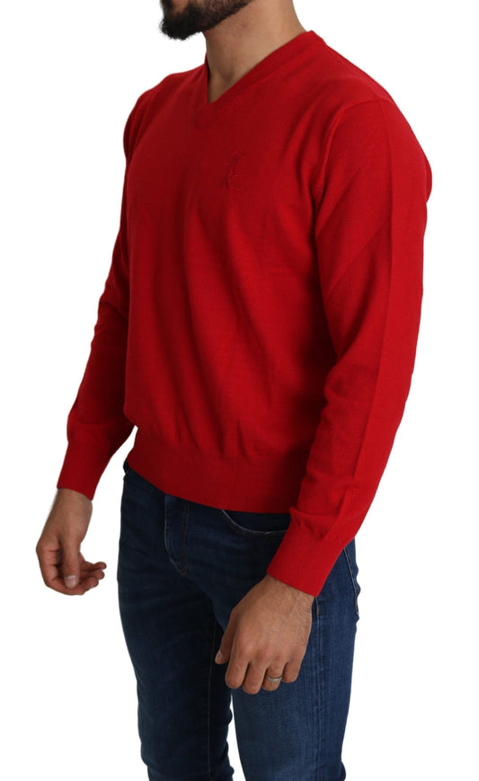 Billionaire Italian Couture – Roter Woll-Sweatshirt-Pullover mit V-Ausschnitt