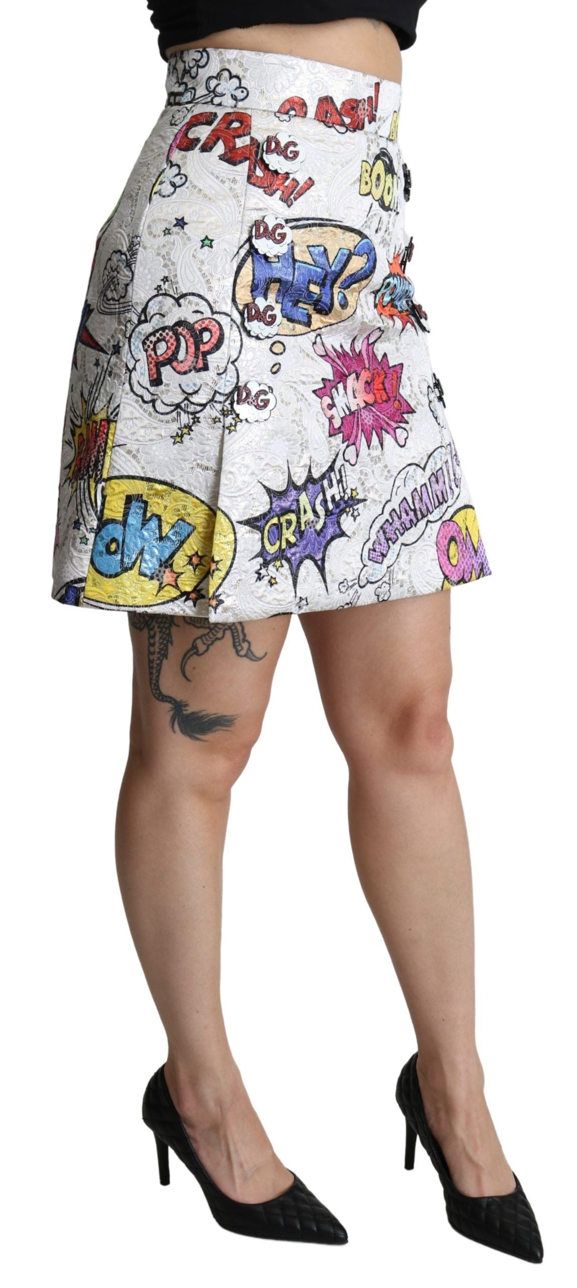 Dolce & Gabbana – Weißer A-Linien-Rock aus Brokat mit Cartoon-Muster und hoher Taille