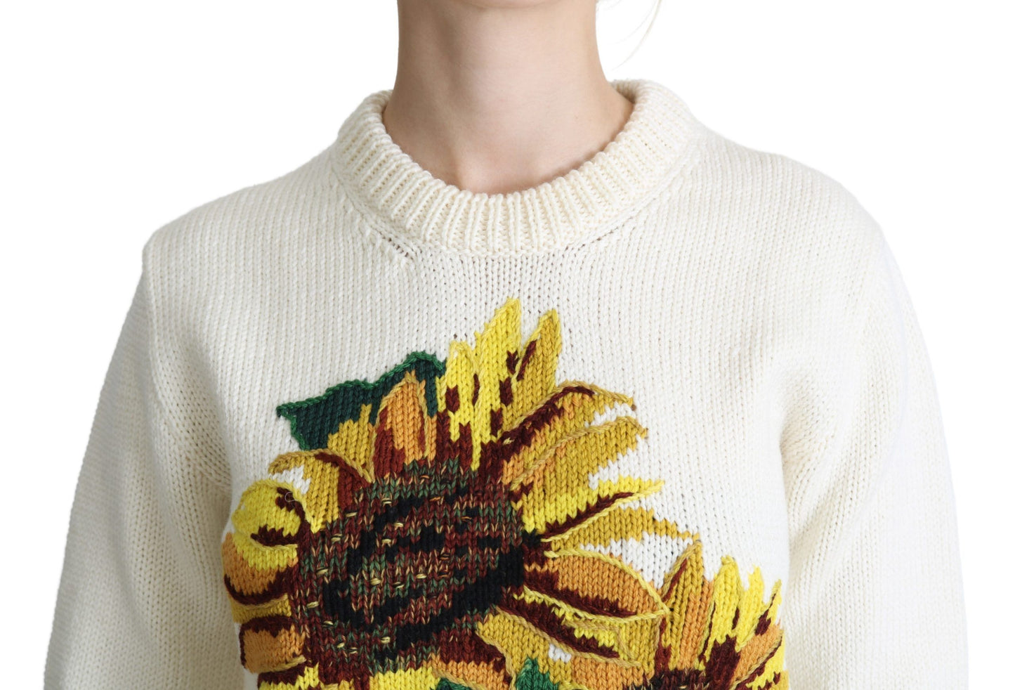 Dolce & Gabbana – Weißer Wollpullover mit Blumenmuster und Sonnenblumenmuster