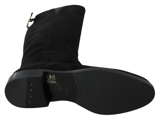 Dolce & Gabbana – Kniehohe, flache Stiefel aus schwarzem Wildleder