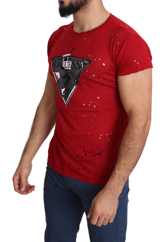Guess – Rotes, perforiertes T-Shirt aus Baumwolle mit Logo-Print für Herren
