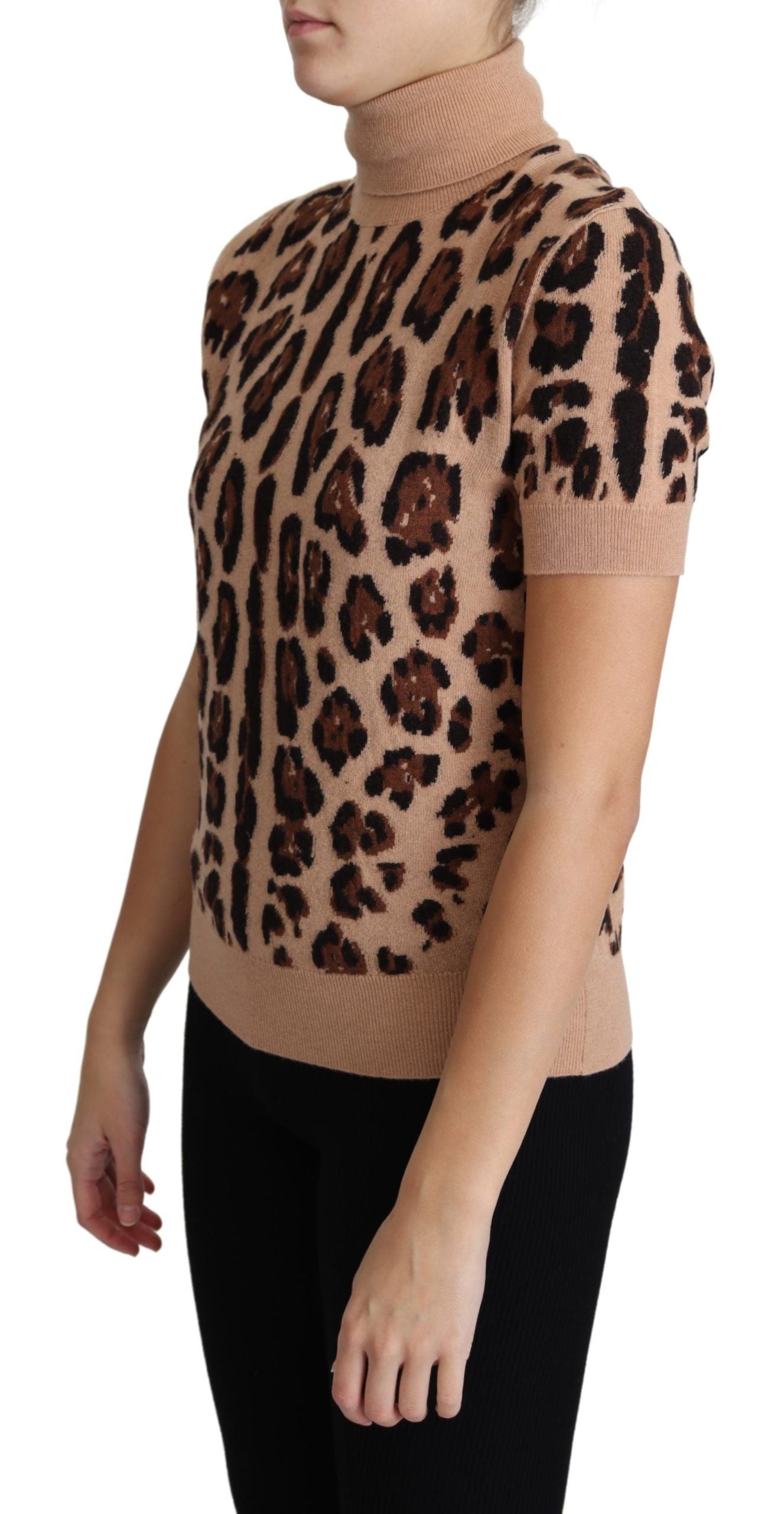 Dolce & Gabbana Beiges Rollkragenoberteil aus Schurwolle mit Leopardenmuster