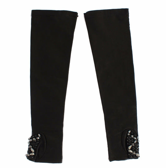 Dolce & Gabbana – Fingerlose Handschuhe aus schwarzem Leder mit Kristallperlen