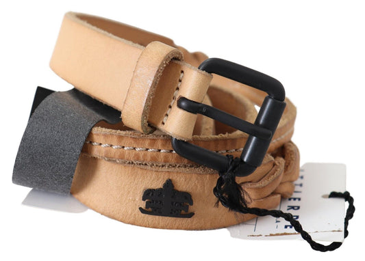 حزام سيرفينو ستريت بني فاتح نحيف من الجلد الأسود مع مشبك وشعار