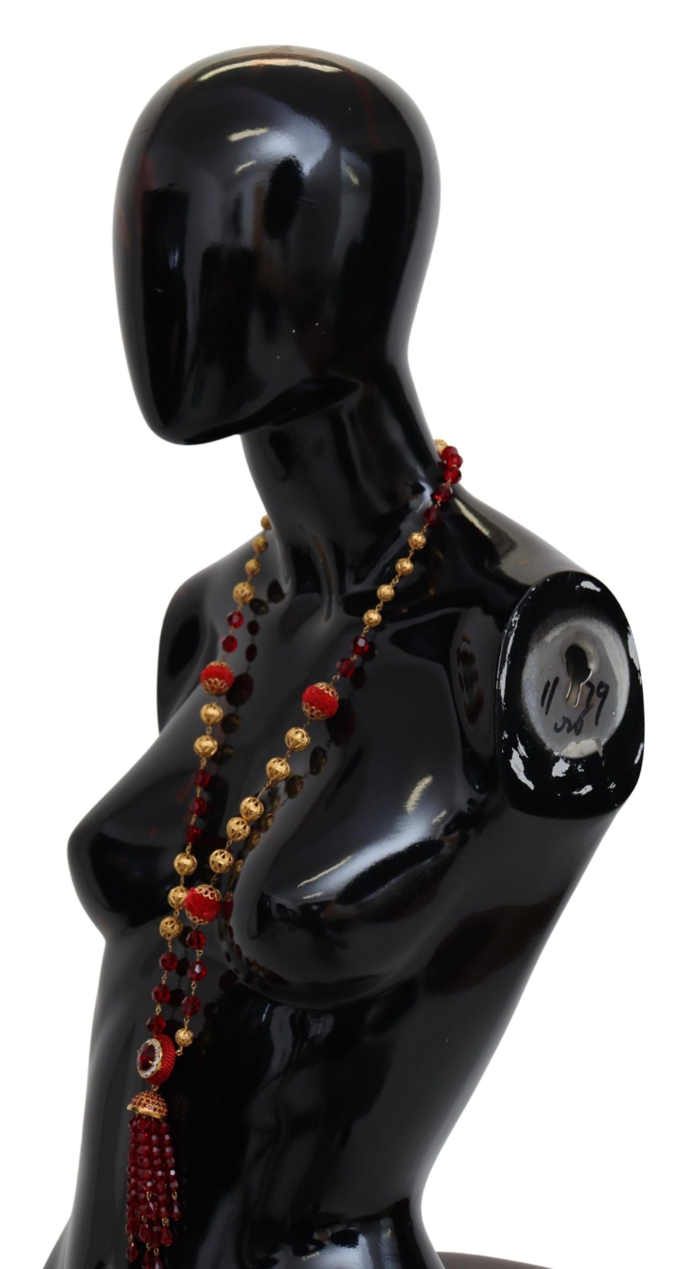 Dolce & Gabbana Gold Tone Brass Red Crystals Pendant Opera Chain Necklace