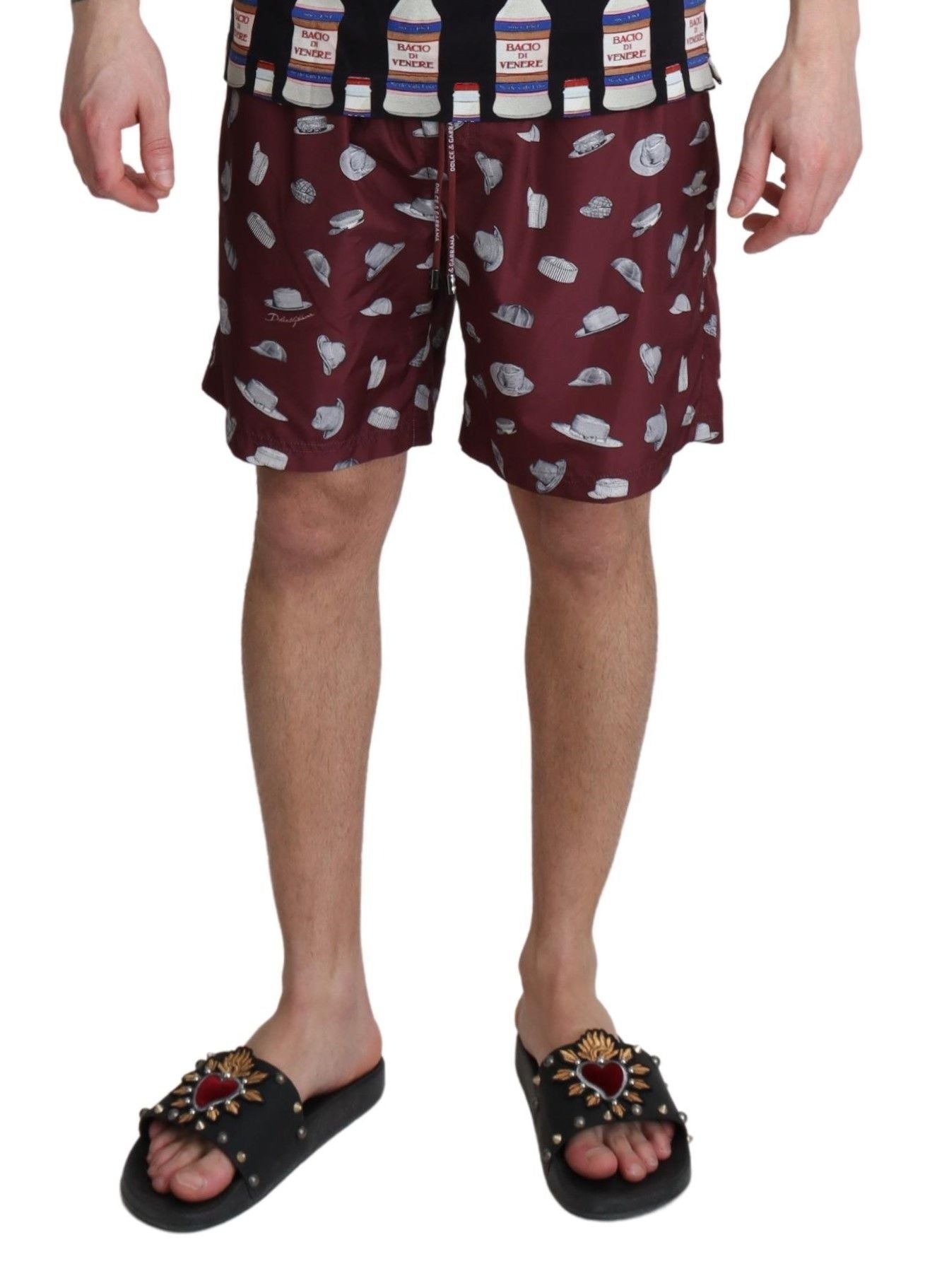 Dolce & Gabbana Kastanienbraune Hüte Print Beachwear Shorts Bademode
