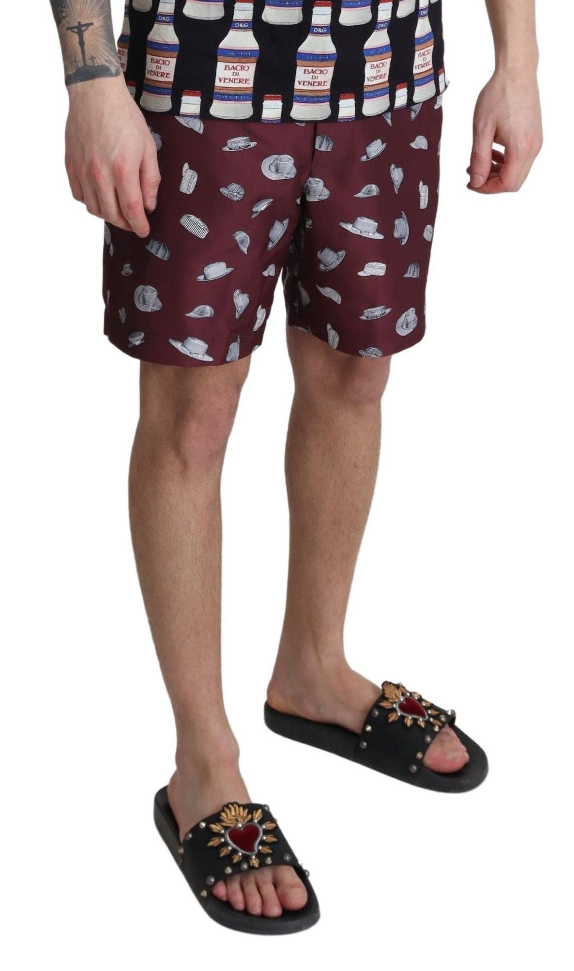 Dolce & Gabbana Kastanienbraune Hüte Print Beachwear Shorts Bademode